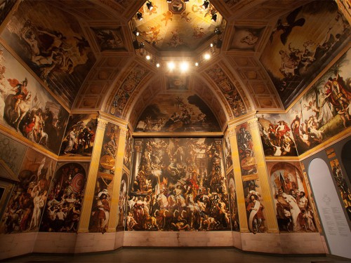 Replica Oranjezaal voor Huygens Tentoonstelling in Grote Kerk Den Haag, groot formaat print op panelen, wanden en plafond