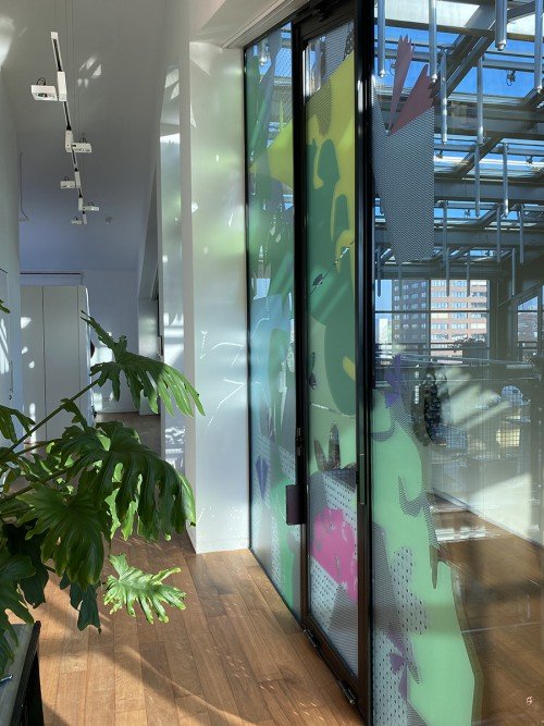 kunstwerk anuli croon door iwaarden geprint op glasfolie voor glazen wand Rotterdam
