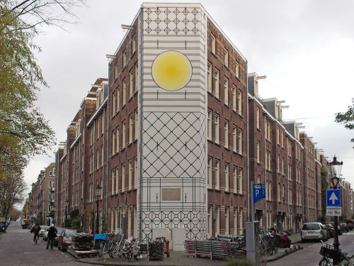 artwork, mural, muurschilderingen op gebouw, groot formaat muurschildering door Aam Solleveldk Kostverlorendekade in Amsterdam, gemaakt door Iwaarden