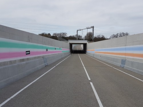 Kunstwerk Roland Schimmel op wanden onderdoorgang spoorlijn, door Iwaarden uitgevoerd als muurschildering, mural