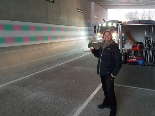 Kunstwerk Roland Schimmel op wanden onderdoorgang spoorlijn, door Iwaarden uitgevoerd als muurschildering, mural