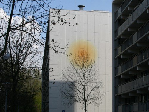 Kunstwerk op flatgebouwen, Graan voor Visch, kunstproject, muurschildering van Aam Solleveld in Hoofddorp, uitgevoerd door Iwaarden, Mural, Artwork