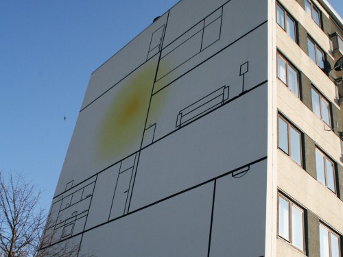 Kunstwerk op flatgebouwen, Graan voor Visch, kunstproject, muurschildering van Aam Solleveld in Hoofddorp, uitgevoerd door Iwaarden, Mural, Artwork