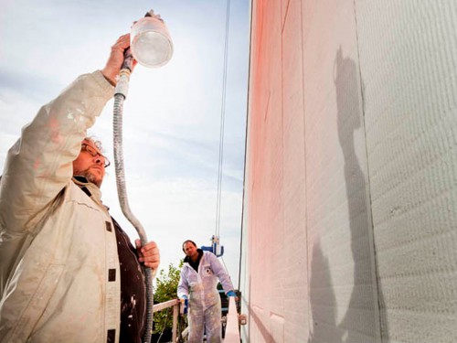 Kunstwerk op flatgebouwen, Graan voor Visch, kunstproject, muurschildering van Aam Solleveld in Hoofddorp, uitgevoerd door Iwaarden, Mural, Artwork