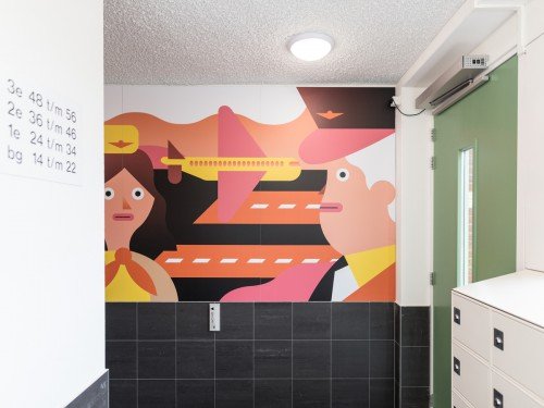 Kunstwerk van illustrator Levi Jacobs uitgevoerd als mural in groot formaat printe op de wanden van appartementengebouw, xl printing