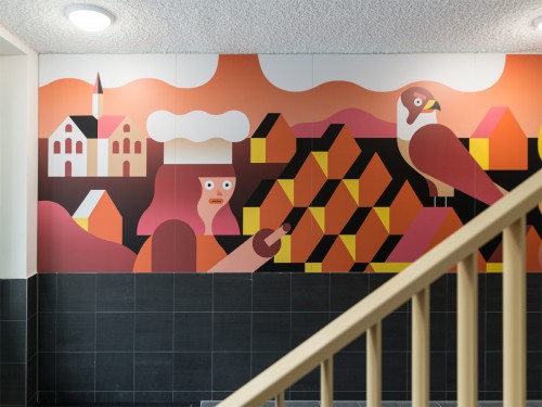 Kunstwerk van illustrator Levi Jacobs uitgevoerd als mural in groot formaat printe op de wanden van appartementengebouw, xl printing