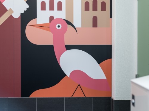 Kunstwerk van illustrator Levi Jacobs uitgevoerd als mural in groot formaat printe op de wanden van appartementengebouw, xl printing