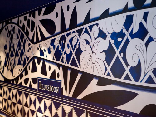 artwork, mural, kunstproject een muurschildering in het andaz hotel in het bluspoon restaurant. in Amsterdam. Gemaakt door Iwaarden