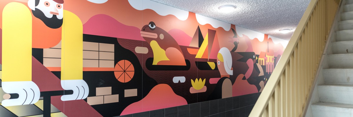 Artwork by illustrator Levi Jacobs executed as a mural in large format print on the walls of an apartment building