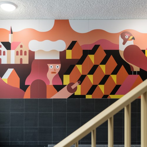 Kunstwerk van illustrator Levi Jacobs uitgevoerd als mural in groot formaat printe op de wanden van appartementengebouw