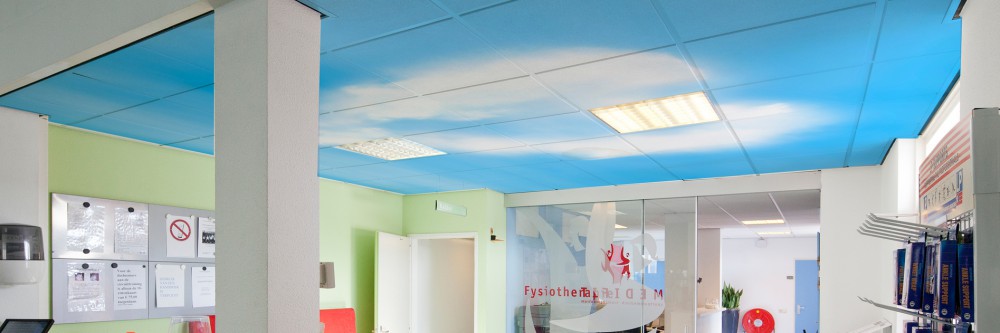 Large format print to ceiling, large format printing, ceiling physiotherapy, sports accommodation, Iwaarden